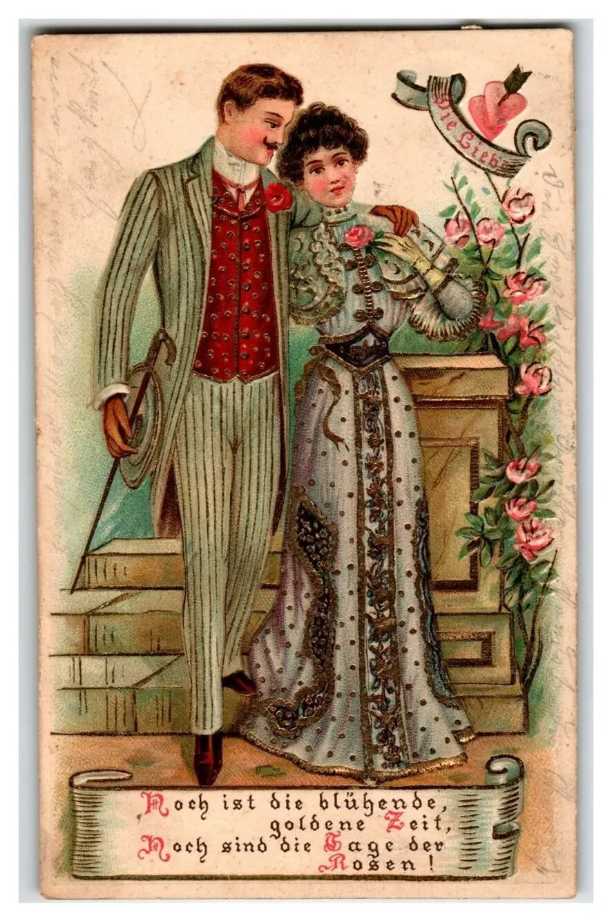 1909 Leipzig German Embossed Postcard Romantic Couple Roses 